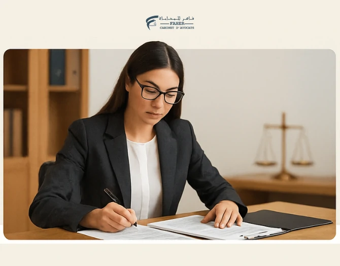 Avocate spécialisée en droit des affaires à Casablanca analysant et rédigeant des contrats commerciaux au Maroc.