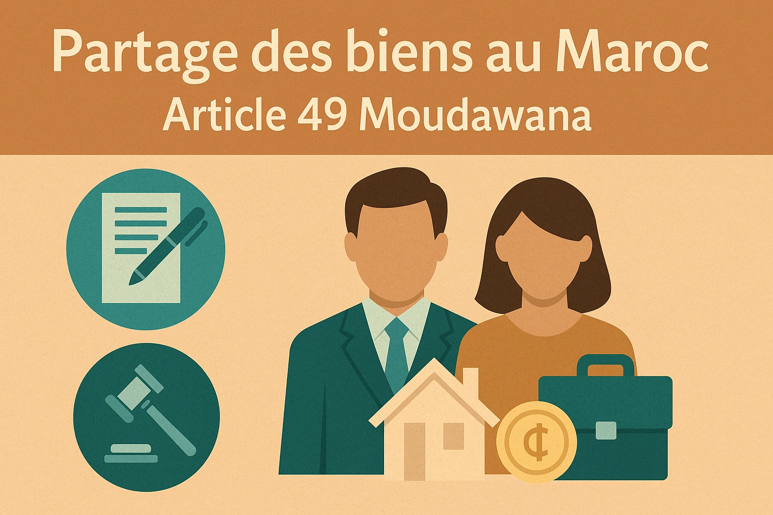 Balance dorée de la justice et anneaux de mariage symbolisant le partage des biens entre époux au Maroc selon l’article 49 de la Moudawana – Cabinet FAHER, avocat à Casablanca