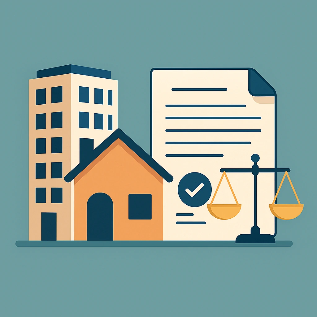 Balance dorée de la justice et immeubles modernes illustrant les réformes du droit immobilier au Maroc en 2025 – Cabinet FAHER, avocat à Casablanca