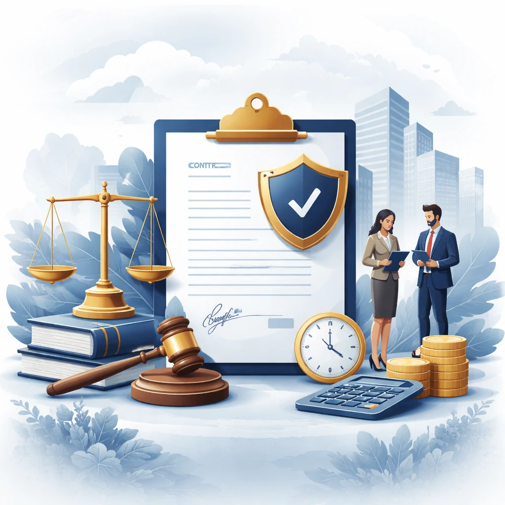 Contrat commercial sécurisé au Maroc avec symboles juridiques balance de justice, bouclier de protection et gavel
