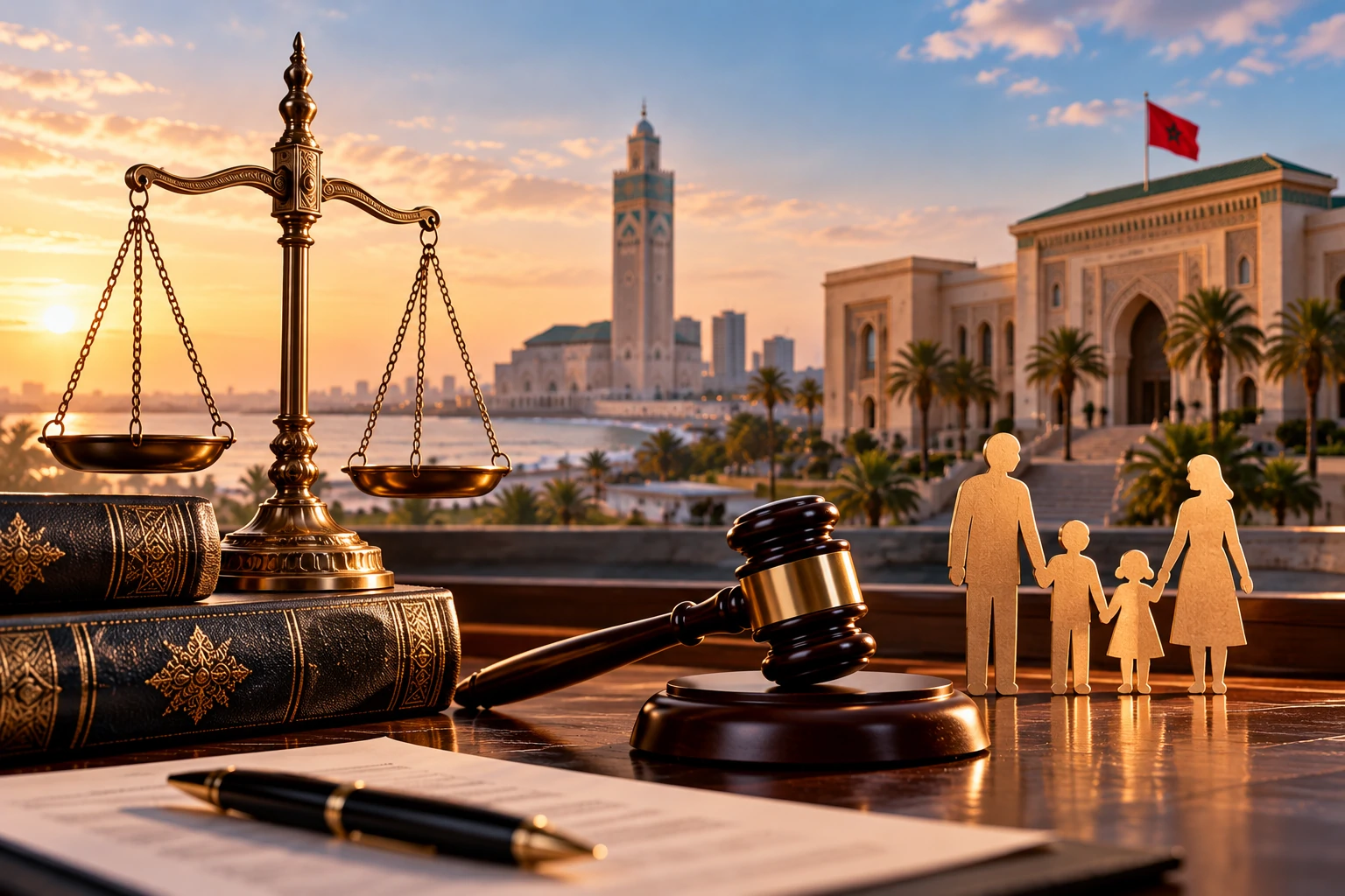 Réforme de la Moudawana au Maroc illustrée par une famille, une balance de justice et des symboles du droit familial à Casablanca.